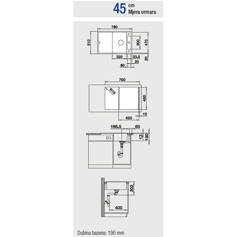 Sudoper Blanco Axia III 45S Silgranit, daska staklo, s dalj.